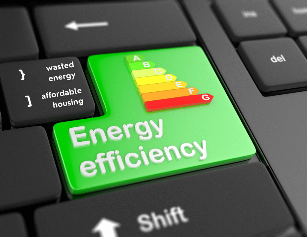 a computer keyboard with a green key with the words energy efficiency on it